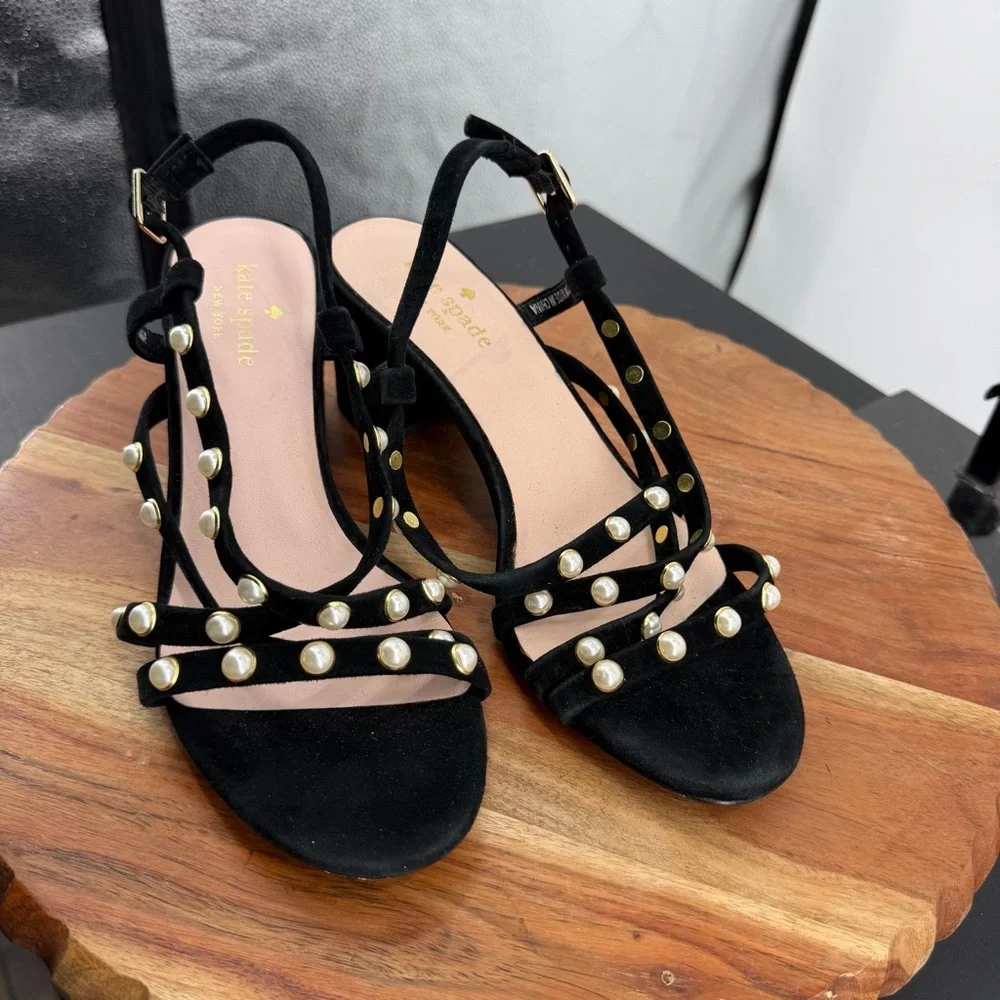 Kate Spade Wynne black suede pearl embellished block heel‎ sandals sz 7
